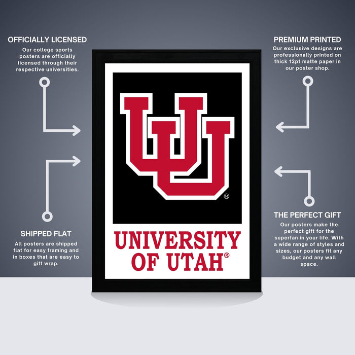 The image is an advertisement for a university poster featuring the University of Utah logo. It highlights the university's official college sports posters, which are printed on a thick 12pt matte paper and ship in a flat box for easy gift wrapping. The ad emphasizes the university's premium printed posters as the perfect gift for any college or university space.