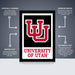 The image is an advertisement for a university poster featuring the University of Utah logo. It highlights the university's official college sports posters, which are printed on a thick 12pt matte paper and ship in a flat box for easy gift wrapping. The ad emphasizes the university's premium printed posters as the perfect gift for any college or university space.
