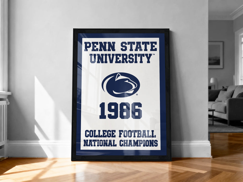 A framed poster on a wall celebrating the Penn State University's 1966 College Football National Champions, featuring the Penn State University logo and the text "College Football National Champions".