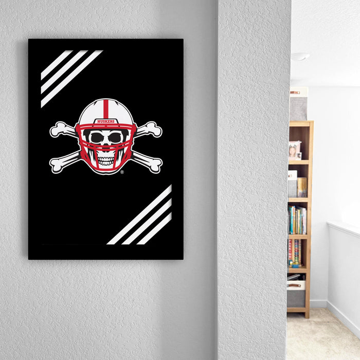 a framed poster with a skull and crossbones design on a black background, hanging on a wall.