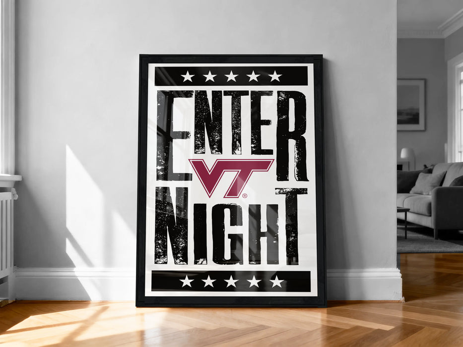 A framed poster with the text "ENTER NIGHT" and a Virginia Tech logo, displayed on a wall in a room.