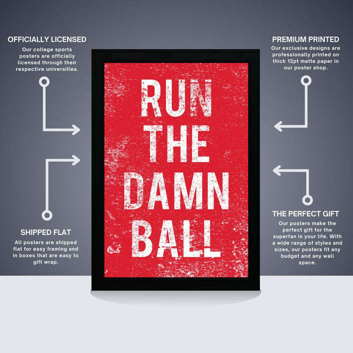 The image is a poster with the text "RUN THE DREAM BALL" in bold white letters against a red background. The poster is described as " Officially licensed" and "Premium printed", indicating that it is a professionally printed poster. The poster is also described as "Shipped flat" and "The perfect gift", suggesting that it is a gift item. The image is a single, large poster with a clear message and design.
