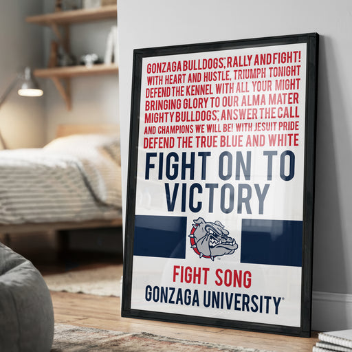 The image is a framed poster with text and a bulldog logo, promoting Gonzaga University's fight for victory.
