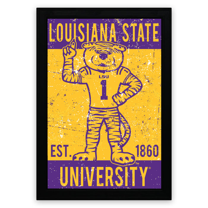 A framed poster featuring the LSU tiger mascot, with the text "LOUISIANA STATE EST. 1860 UNIVERSITY" prominently displayed.