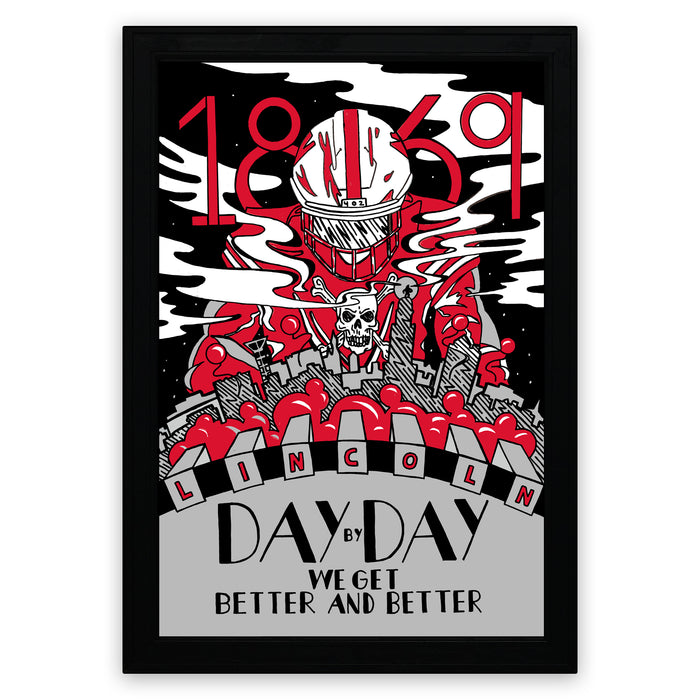 The image is a framed poster with a stylized illustration of a person wearing a helmet and a skull, surrounded by a cityscape and red and white elements. The poster has a black and white color scheme and features the text "1869" prominently displayed.