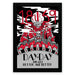 The image is a framed poster with a stylized illustration of a person wearing a helmet and a skull, surrounded by a cityscape and red and white elements. The poster has a black and white color scheme and features the text "1869" prominently displayed.