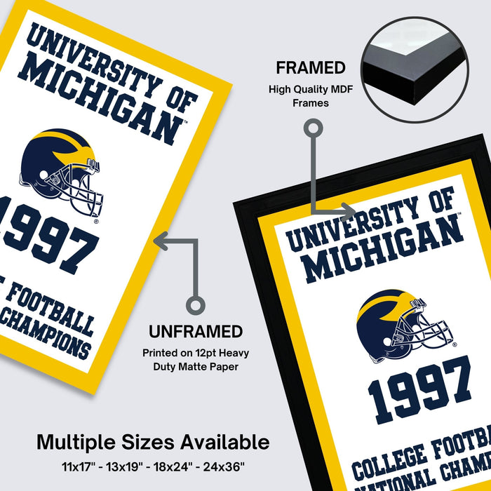 The image is a framed poster for the University of Michigan Football Champions, featuring the team's logo and the year 1997. The poster is framed with high-quality MDF material, and it is available in multiple sizes, including 11x17, 13x19, 18x24, and 24x36" frames.