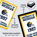 The image is a framed poster for the University of Michigan Football Champions, featuring the team's logo and the year 1997. The poster is framed with high-quality MDF material, and it is available in multiple sizes, including 11x17, 13x19, 18x24, and 24x36" frames.