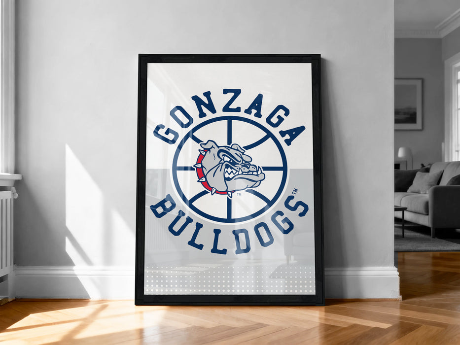 A framed poster of the Gonzaga Bulldogs basketball team logo is displayed on a wall in a room.