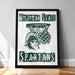 A framed poster featuring the Michigan State Spartans basketball team logo, with a basketball hoop and a person wearing a Spartans helmet.