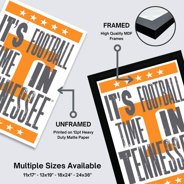 The image is a framed poster with the text "It's Football in Tennessee" printed on it. The poster is framed with a black border, and it is described as an unframed poster printed on 12pt heavy duty matte paper. Multiple sizes are available, including 11x17 - 13x19 - 18x24 - 24x36", and the poster is described as a collage of multiple images.