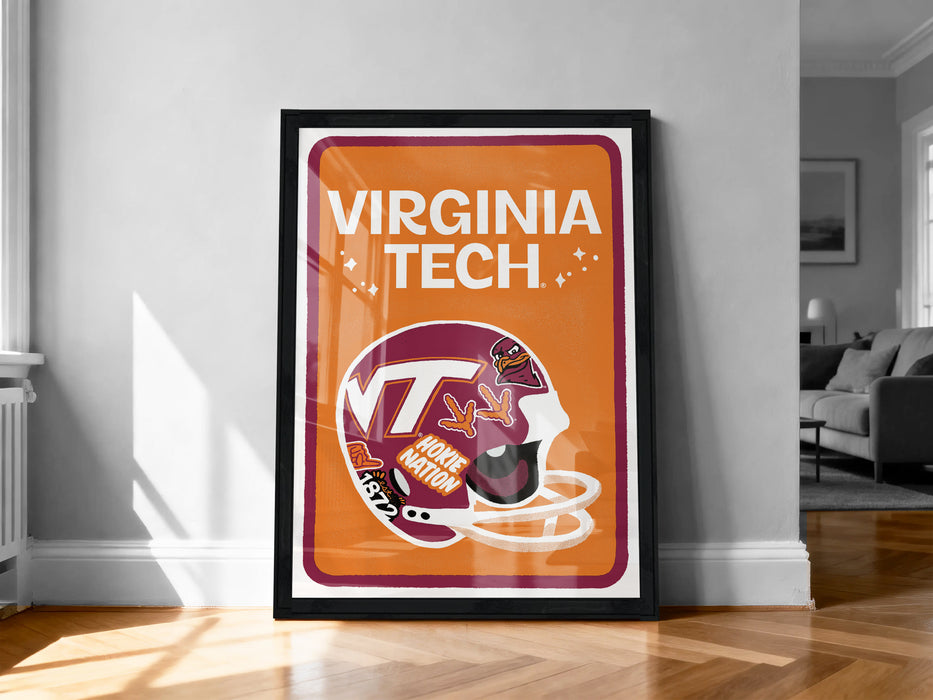 a framed poster of a football helmet with the text "VIRGINIA TECH" and "HOME NATION" printed on it.