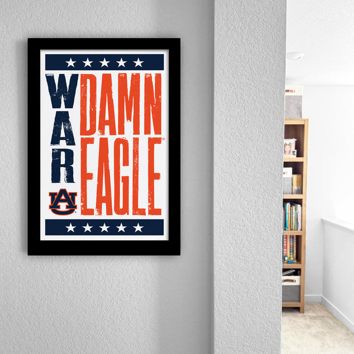 a framed poster with the text "WAR DAMN EAGLE" in bold, orange and white letters.