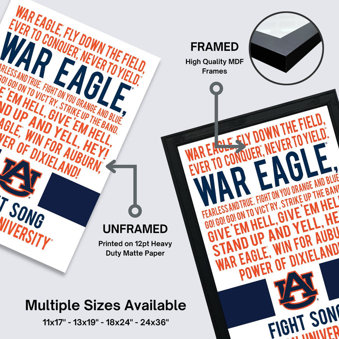 The image is a framed poster advertising a university event, specifically the "War Eagle" event at Dixieland. The poster features the university's logo and text, and it is framed in high-quality MDF frames.