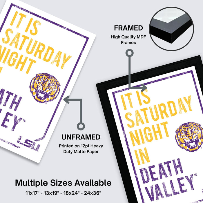 The image is a framed poster with the text "IT IS SATURDAY NIGHT IN DEATH VALLEY" printed on it. The poster is framed and labeled as "FRAMED" and "High Quality MDF Frames". The poster is available in multiple sizes, including 11x17", 13x19", 18x24", and 24x36" frames.