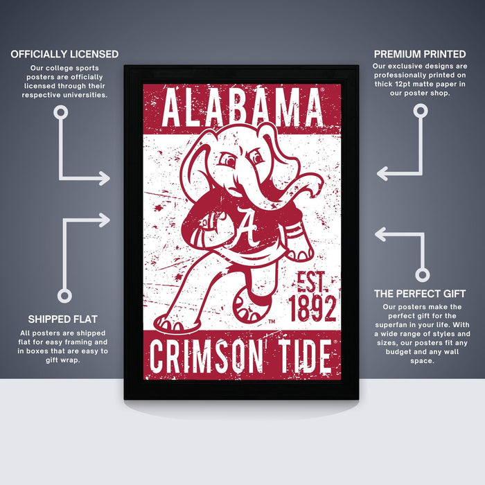 The image is a framed poster featuring the Alabama Crimson Tide football team logo, with text and arrows indicating the poster's features and benefits.