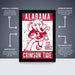 The image is a framed poster featuring the Alabama Crimson Tide football team logo, with text and arrows indicating the poster's features and benefits.