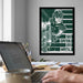 a framed poster of a character holding a basketball, with the text "GO GREEN. GO WHITE." displayed below the poster. In the foreground, there is a laptop computer and a coffee mug on a desk.