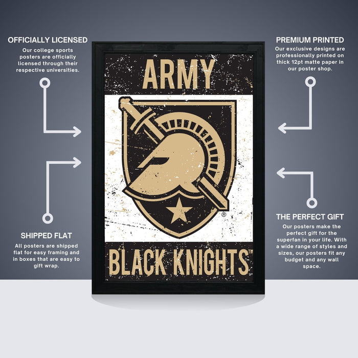 The image is a poster featuring the logo of the Army Black Knights, a military unit. The poster is described as " Officially licensed" and "Premium printed", indicating that it is a professionally printed poster. The poster is also referred to as "The perfect gift" and "Shipped flat", suggesting that it is a gift item. The poster is designed to be a gift for someone who appreciates military-themed items.