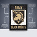 The image is a poster featuring the logo of the Army Black Knights, a military unit. The poster is described as " Officially licensed" and "Premium printed", indicating that it is a professionally printed poster. The poster is also referred to as "The perfect gift" and "Shipped flat", suggesting that it is a gift item. The poster is designed to be a gift for someone who appreciates military-themed items.