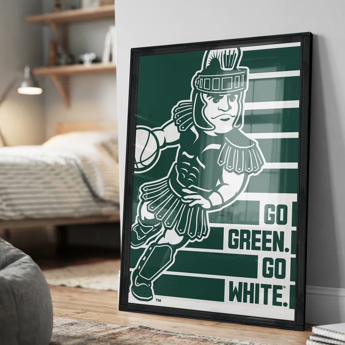 A framed poster featuring a cartoon character in a green outfit, with the text "GO GREEN. GO WHITE." displayed on it.