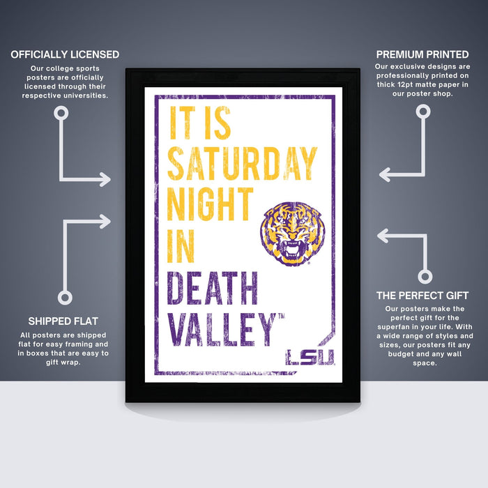 The image is a framed poster featuring the text "IT IS SATURDAY IN DEATH VALLEY" with a tiger logo. The poster is described as "OFFICIALLY LICENSED" and "PREMIUM PRINTED", indicating that it is a professionally printed poster with a premium design. The poster is also described as "SHIPPED FLAT" and "ALL POSTERS ARE SHIPPED FOR EASY GIFT WRAP", suggesting that the poster is available for purchase as a gift.