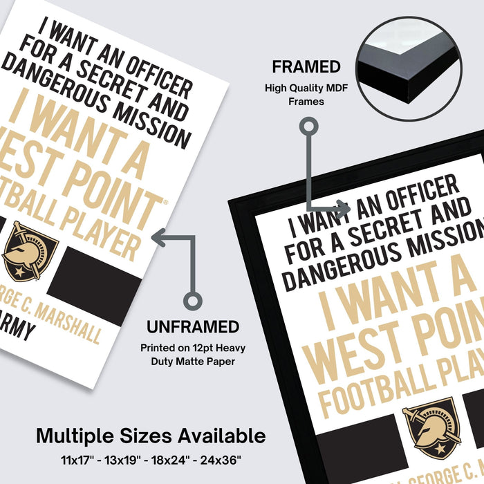 The image is a framed poster featuring text and a logo, with the text "I want an officer for a secret and dangerous mission" and the logo of the Army. The poster is framed in high-quality MDF frames, and it is described as an unframed printed on 12pt heavy duty matte paper. Multiple sizes are available, including 11x17 - 13x19 - 18x24 - 24x36", and the poster is described as a collage of multiple images.