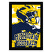 A framed poster featuring a stylized illustration of a football player in a Michigan football uniform.