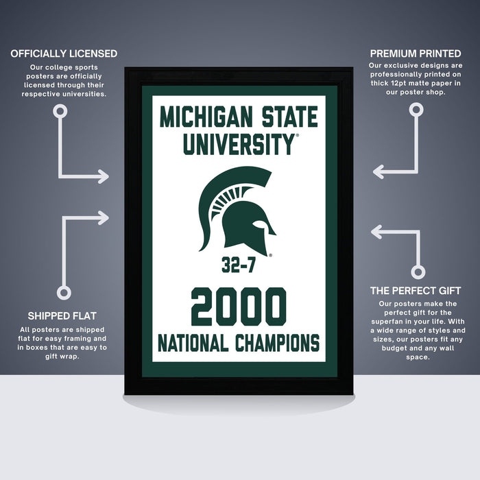 The image is a framed poster from Michigan State University, celebrating the 2000 National Champions. The poster features the Michigan State University logo and the text "2000 NATIONAL CHAMPIONS". The poster is officially licensed and is a premium printed poster, offering a perfect gift for any space. The poster is shipped flat and comes in boxes that are easy to gift wrap.