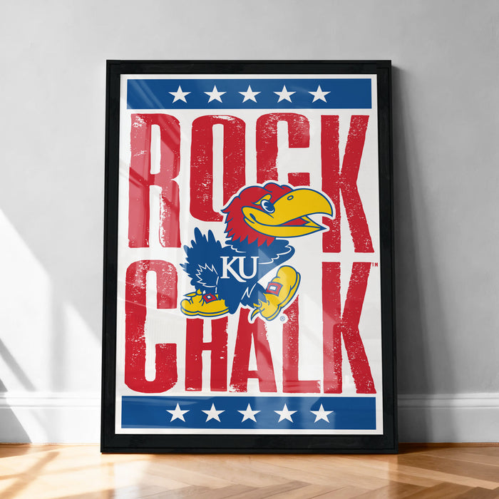 A framed poster featuring the Kansas City Royals logo and the text "ROCK CHALK" in bold red and blue letters.