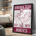 a framed poster of a Virginia Tech football team, with a turkey illustration and text indicating the team's establishment in 1872.