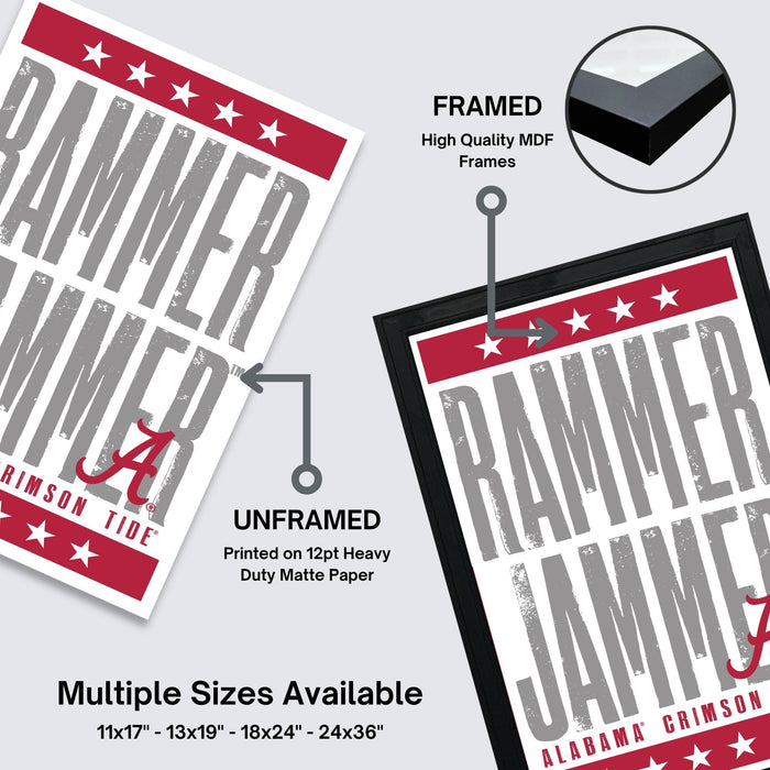 The image is a promotional poster for a product called "HAMMER JAMMER" that is available in multiple sizes. The poster features a red and white color scheme with the text "HAMMER JAMMER" prominently displayed. The poster also includes a close-up of a framed version of the poster, highlighting the high-quality MDF frames used for the product.