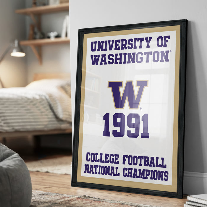 A framed poster on a wall celebrating the University of Washington's 1991 College Football National Champions.