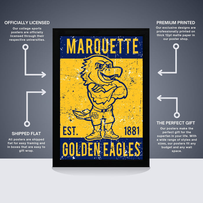 The image is a poster featuring the Marquette University Golden Eagles, a college sports team. The poster is described as " Officially licensed" and "Premium printed", indicating that it is a professionally printed poster with a premium quality. The poster is also referred to as a "Shipped Flat" and "The Perfect Gift", suggesting that it is a gift item that is easy to ship and well-suited for various gift spaces.