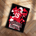 A framed poster of a football player in a red uniform with the number 15, representing the state of Nebraska.