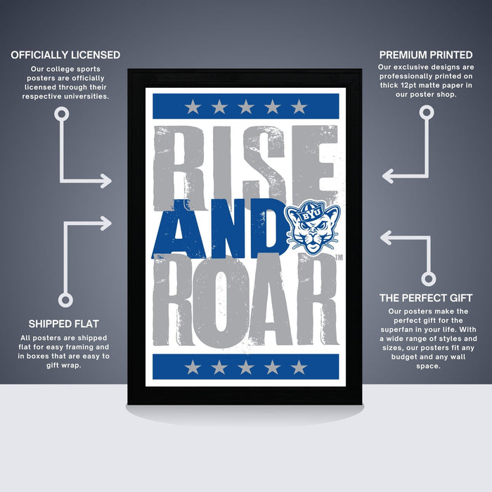 The image is a poster featuring the words "RISE AND Roar" in bold letters, with a cat logo above the text. The poster is described as " Officially licensed" and " Premium printed", indicating that it is a professionally printed poster. The poster is also referred to as a "Shipped Flat" and "The perfect gift", suggesting that it is a high-quality, attractive poster that can be easily packaged and given as a gift.