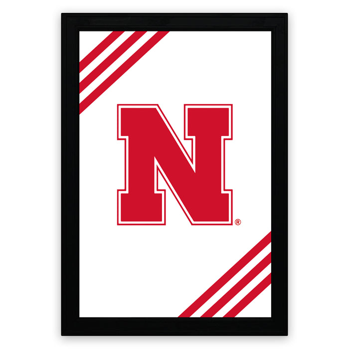 a framed poster with a large red letter "N" in the center.