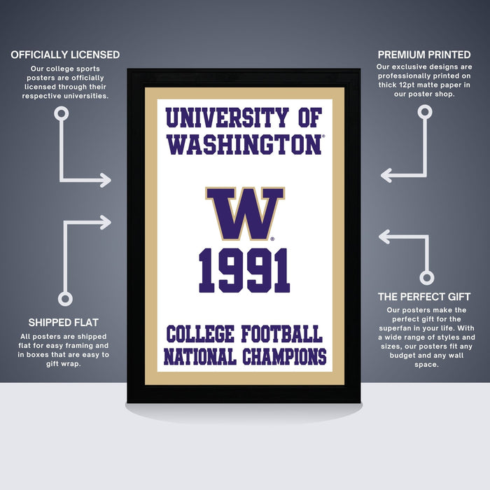 The image is a poster for the University of Washington's College Football National Champions, featuring the university's logo and text.