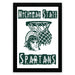 A framed poster featuring the Michigan State Spartans logo, which includes a basketball net and a helmeted figure.