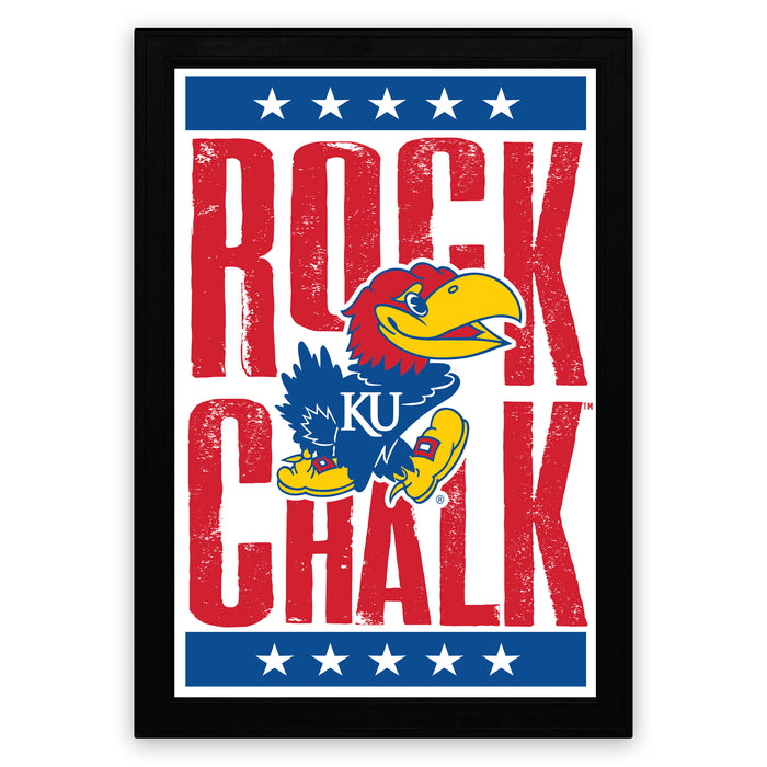 A framed poster featuring the logo and name of the Kansas University football team, Rock Chalk.