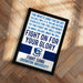 The image is a framed poster with text and a logo, placed on a wooden surface.
