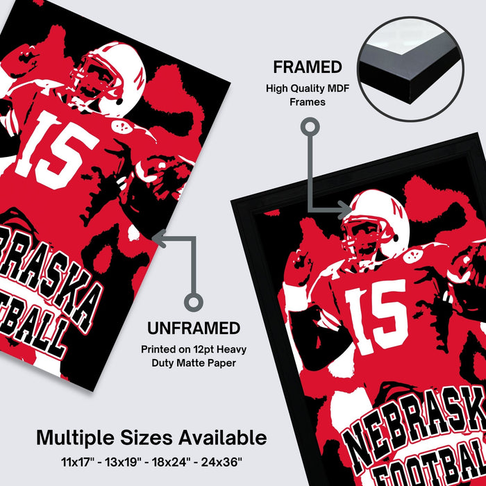 The image is a framed poster of a football player, specifically from the Nebraska football team, with the text "FRAMED" indicating that it is a framed print.