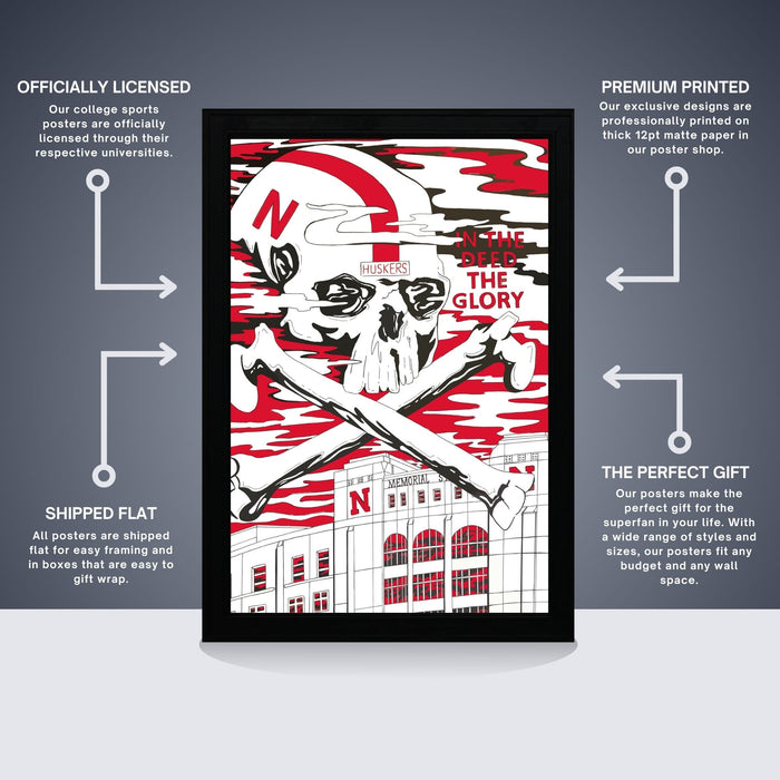 The image is a poster featuring a skull and crossbones design with the text "HUSKIES" and "THE GLORY" prominently displayed. The poster is described as "OFFICIALLY LICENSED" and "PREMIUM PRINTED", indicating that it is a professionally printed poster with a premium design. The poster is also described as a "SHIPPED FLAT" and "THE PERFECT GIFT", suggesting that it is a gift item that is easy to ship and offers a perfect gift for someone.