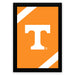 a framed poster with a large white letter "T" on an orange background.