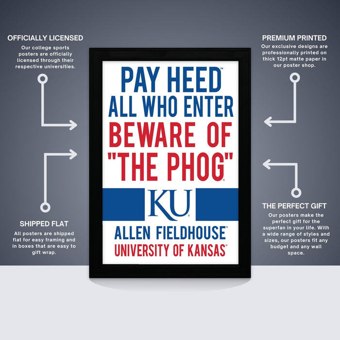 The image is a framed poster from Allen Fieldhouse University of Kansas, featuring a bold message about paying homage to the "Phog" team. The poster is officially licensed and is a premium printed item, offering a perfect gift for fans of the Kansas team. The poster is shipped flat and includes a note that all posters are shipped in boxes that are easy to gift wrap.