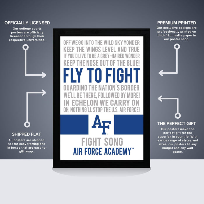 The image is a poster for the Air Force Academy, featuring a motivational message encouraging students to "Fly to Fight" and "Guard the Nation's Border". The poster is described as " Officially Licensed" and "Premium Printed", indicating that it is a high-quality, professionally designed poster. The poster is also described as "Shipped Flat" and "The Perfect Gift", suggesting that it is a convenient and thoughtful gift option for the Air Force Academy.