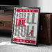 A framed poster with the text "ROLL TIDE RULL" and "ALABAMA'S GRIMSON TIDE" printed on it, placed on a carpeted floor next to a wooden chest.