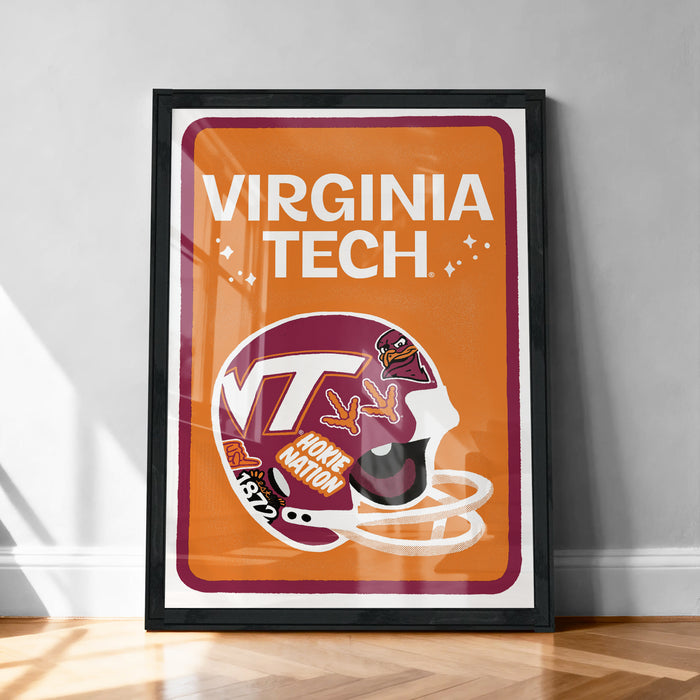 A framed poster of a Virginia Tech football helmet, with the text "VIRGINIA TECH" prominently displayed.
