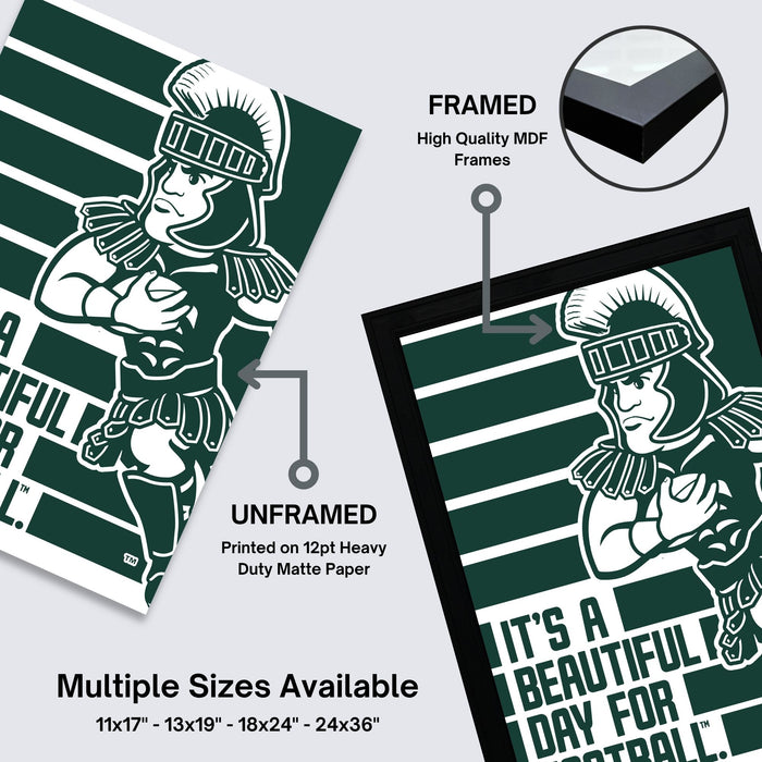 The image is a framed poster featuring a cartoon character in a green and white color scheme. The poster is framed with a black border, and it is described as an unframed poster printed on 12pt heavy duty matte paper. Multiple sizes are available, including 11x17 - 13x19" - 18x24" - 24x36" - 24x36" - 24x36". The poster is described as a "beautiful day for football" and is framed in a black frame.