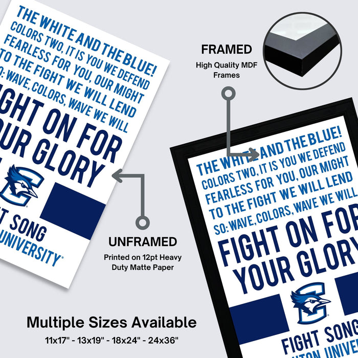 The image is a promotional poster for Fight Song University, featuring a message about unity and strength. The poster is framed and unframed, with the framed version highlighting the high-quality MDF frames. The poster is available in multiple sizes, including 11x17, 13x19, 16x24, and 24x36", and it displays the university's logo and the phrase "FIGHT ON FOR YOUR GLORY" in bold letters.